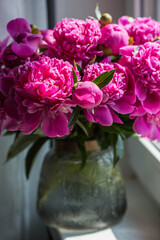 A bouquet of bright pink peonies in a glass vase on the windowsill. Flowers and buds in the vase. Light pink, floral background.