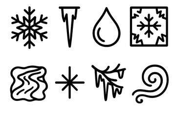 Fototapeta premium Winter Nature Frost & Ice outline icon set: crystal pattern, icicle drip, frozen droplet, frosty window, icy stream, snowflake sparkle, glassy branch, winter chill swirl.