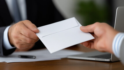 Close-up of two hands exchanging sealed white envelope filled with cash across polished wooden desk in dimly lit office symbolizing bribery, secrecy, and financial corruption