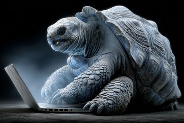 Cute night owl turtle engrossed in late-night laptop work. Turtle human. How crypto blurs the line between freedom and financial danger. Earn from crypto. Trading crypto guide.