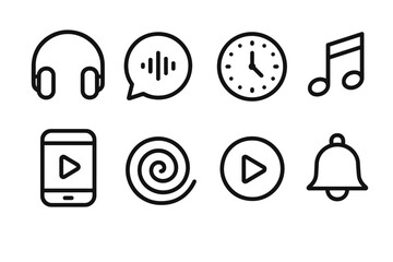 Guided Sessions outline icon set: headphones, voice icon, timer circle, calming music note, mindfulness bell, mobile app screen, soothing spiral, play button.