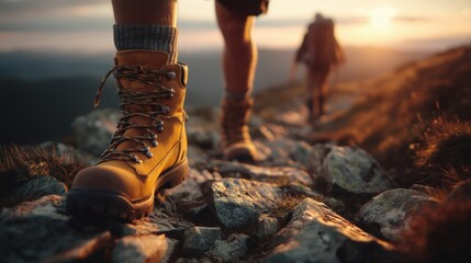 Hiker on Mountain Trail at Sunset — Legs and Boots Close-Up