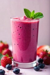 Vibrant Strawberry Smoothie Close-Up Creamy Texture, Fresh Fruit Burst, Perfect for Healthy Breakfast or Snack. Ideal for food blogs, websites, and recipe books.