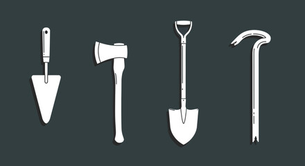 Essential Tools Trowel, Axe, Shovel, and Crowbar Illustration