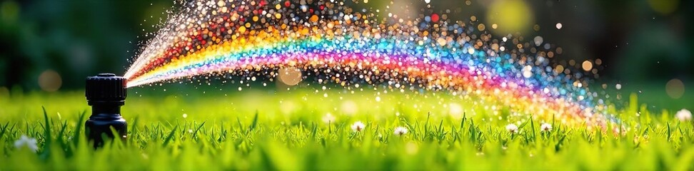 Rainbow Water Sprinkler Arc Over Lush Green Lawn Cheerful Summer Scene