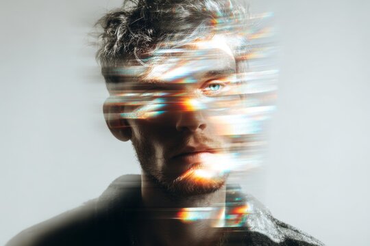 Close up portrait of a man's face with blue eyes experiencing digital glitch motion blur and light refraction effects.