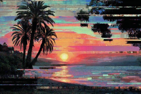 Palm trees silhouetted against a vibrant digital glitch sunset over dark water and land create a striking scene.