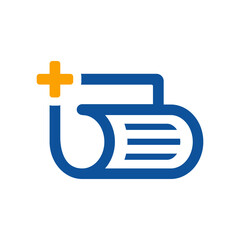 Obraz premium Blue medical record icon with orange plus sign on white background.