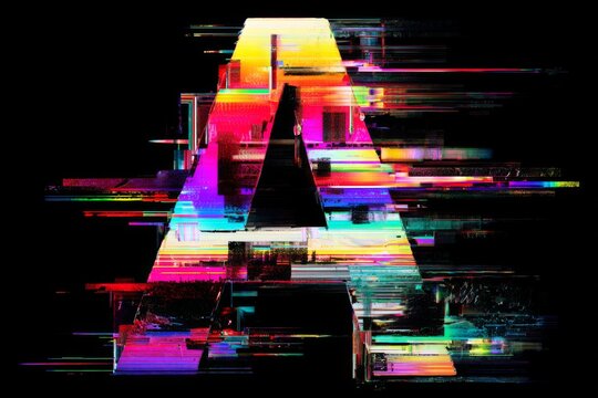 The letter A appears distorted with vibrant, colorful digital glitch effects against a solid black background.