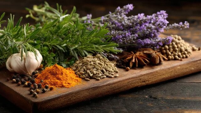 Assorted herbs and spices on a wooden board