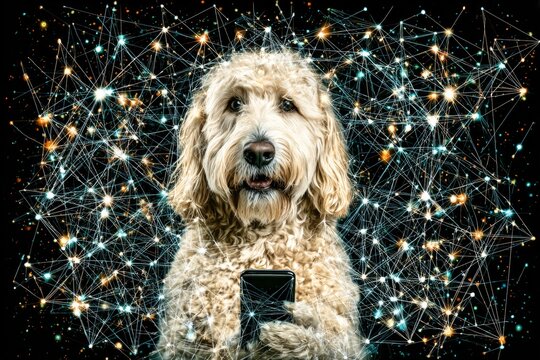 Charming dog enjoys smartphone in nighttime setting. Dog's midnight. Invisible forces connect all people and objects in a vast unseen network. Cute dog. Canine wonder.