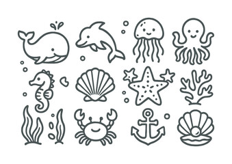 Cartoon sea creatures collection: whale, dolphin, jellyfish, octopus, seahorse, starfish, crab, coral