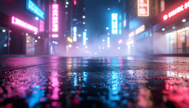 Cyberpunk futuristic city street at night with neon reflections, rain and cinematic lighting &ndash; sci-fi digital background