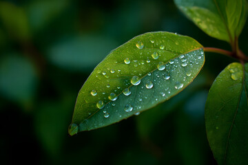 Emerald Leaf with Crystal Droplets: A close-up view of a vibrant green leaf, adorned with glistening water droplets, evokes a sense of freshness and natural beauty.