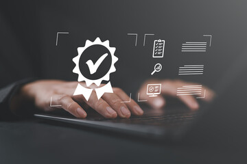 Businesswoman working with sign of the top service Quality assurance, Guarantee, Standards, ISO certification and standardization concept.