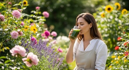 Woman enjoys green juice in a vibrant garden, symbolizing wellness and nature's healing.