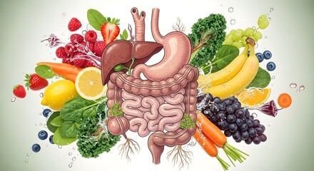 Illustration of digestive organs surrounded by fruits and vegetables, symbolizing detox and digestive health.