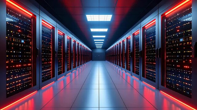 Servers fill long corridor in a futuristic data center illuminated by vibrant red and cool blue lights, featuring modern technology and sleek design.