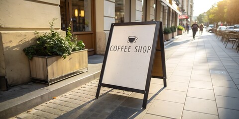 Coffee shop sign on a sunny sidewalk with people walking