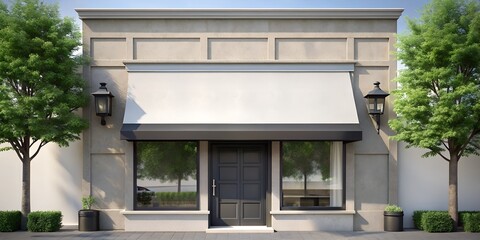 Modern store facade with large windows and awning