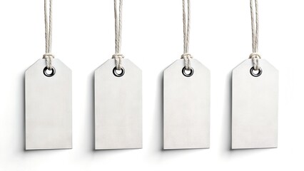 Four blank white price tags hanging on strings