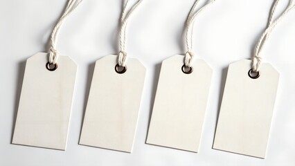 Four blank white price tags hanging on strings