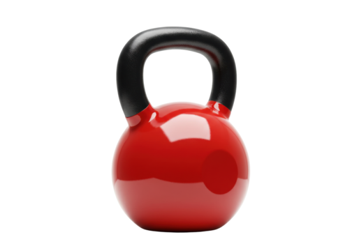 Isolated bright red kettlebell with black handle for strength training and fitness sports - Powered by Adobe
