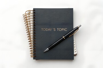 Black notebook with pen on white background