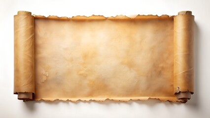 Unrolled ancient scroll with torn edges isolated on white background
