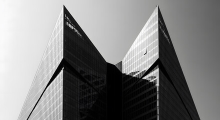 Fototapeta premium A striking monochromatic portrayal of a modern urban edifice, showcasing sharp geometric angles and reflective glass facades against a clear sky