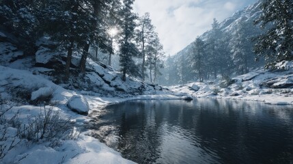 A snowy landscape with a serene atmosphere, a scene of a winter concept and cold season.