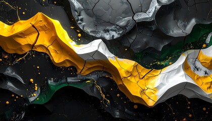 Abstract digital artwork featuring flowing shapes and textures. A combination of grayscale, yellow, white, and green hues creates a unique design