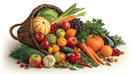 Abundant harvest cornucopia overflowing with fresh fruits and vegetables