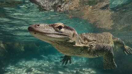 Komodo dragon swims in clear water near a shallow sandy seabed