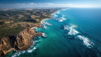 Fototapeta premium Aerial view of the stunning coastline with turquoise waters and cliffs.