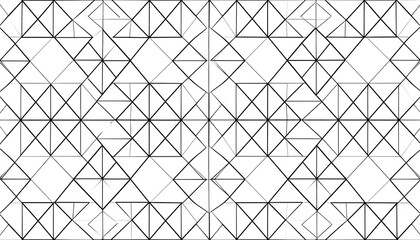 An abstract geometric design featuring interwoven lines forming triangles and squares arranged in a symmetrical pattern