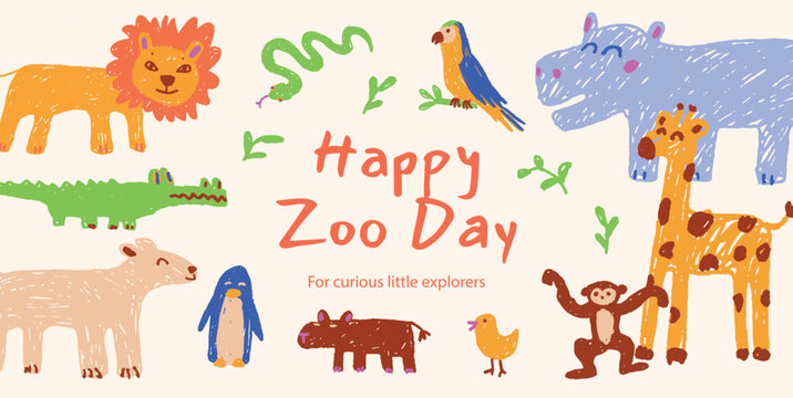 Cute zoo animals in kids crayon drawing style. Giraffe, lion, hippo, crocodile, snake, parrot and more. Fun and colorful illustration for posters, cards and children&rsquo;s design