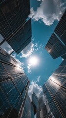 Low-angle view of solar panels under a bright sun with scattered fluffy white clouds