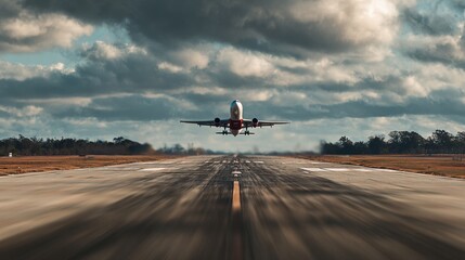 Airplane taking off from the runway against a cloudy sky.