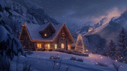 Fototapeta premium Cozy snowcovered cabin nestled in mountains with warm lights at night