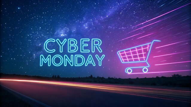 Cyber monday shopping cart with neon lights on a starry road