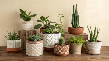 Obraz premium Diverse collection of potted succulents and plants arranged beautifully on a wooden table