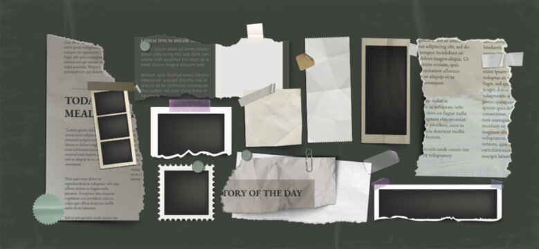 Retro scrapbook realistic collage with torn newspaper clippings, vintage photo frames and adhesive tape on textured bg. Empty placeholders, paper clips and ripped edges for nostalgic memory board.