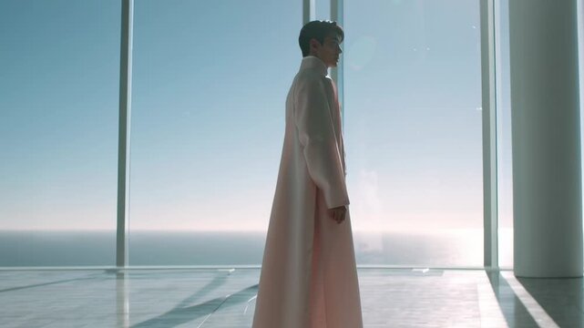 Man in traditional dress stands by ocean view window at sunrise highlighting culture and tranquility