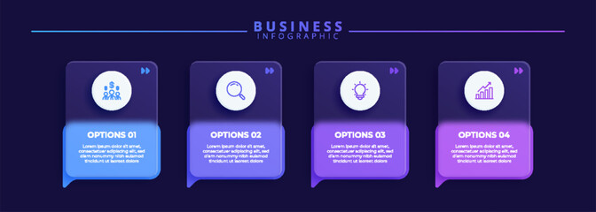 Infographic label design template featuring icons and four distinct steps. Ideal for process charts, presentation slides, workflow schemes, banners, flow diagrams, data.