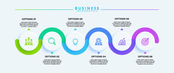 Infographic design with six steps and icons, tailored for business use. Suitable for presentations, banners, workflows, process diagrams, flowcharts, and data visualization.