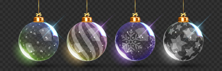 Christmas and New Year 3D glass bauble set with snow inside. Realistic transparent ornaments. Ideal for winter holiday decoration, greeting cards, festive designs.