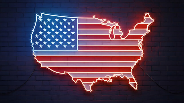 Neon outline of the United States, showcasing patriotic colors against a textured backdrop.