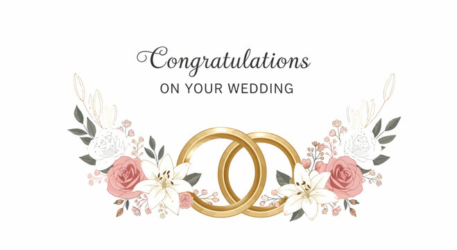 Elegant gold wedding rings adorned with delicate roses and lilies offer heartfelt congratulations for a beautiful union and future together
