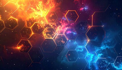Abstract digital artwork featuring geometric hexagonal shapes with a fiery orange and blue cosmic backdrop, radiating light and depth